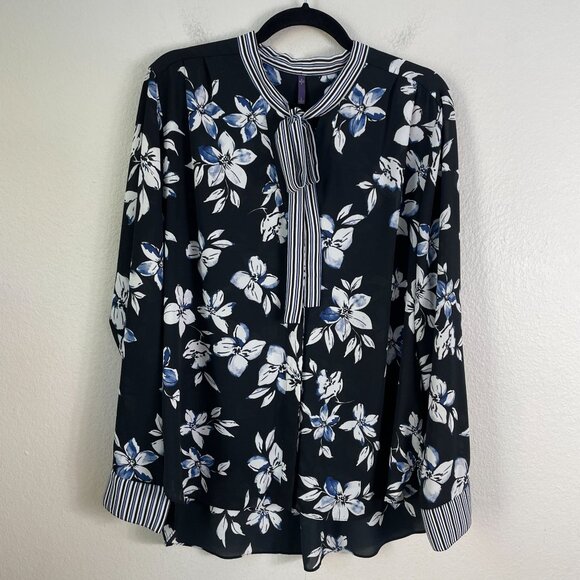 Nydj Womens Large Blue White Black Floral Tie Neck Blouse Long Sleeve Shirt Top - Picture 7 of 11